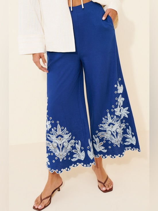 FARM Rio Pants - FARM Rio Linen Blue Wide-Leg Embroidered Crop Pants